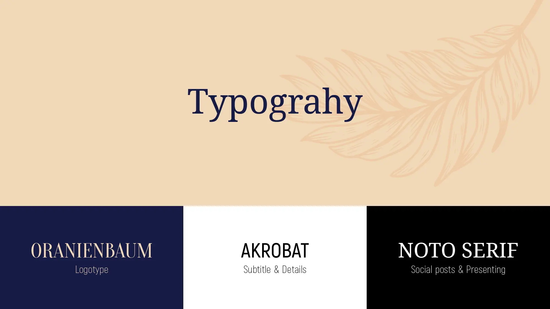 Typography: Three font samples sit below: Oranienbaum for the logotype, Akrobat for secondary titles and details, and Noto Serif for social posts and presentations.